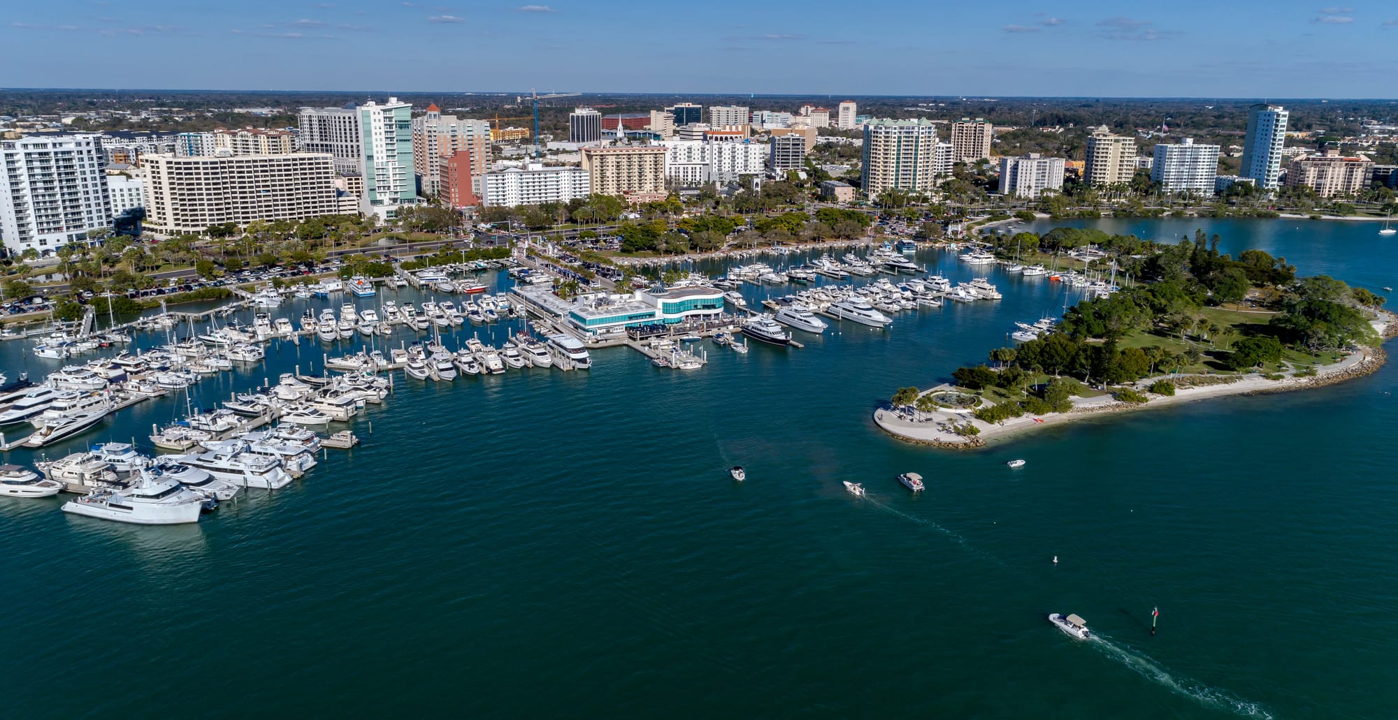 Marina Jack and the Sarasota bayfront seen from the air